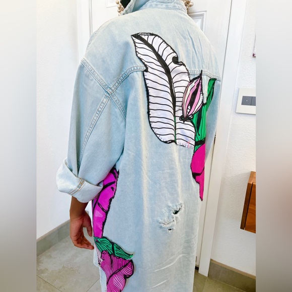 Distressed Denim Tunic with Tropical Print. Only 1 made. - Picture 4 of 7